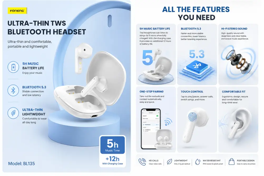 FONENG BL135 wireless earbuds lightweight comfortable fit design