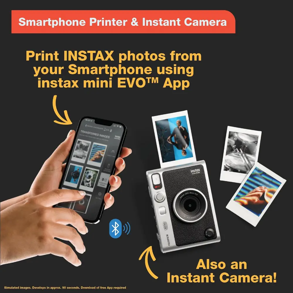 Graphic demonstrating how to print photos from a smartphone using the Fujifilm Instax Mini EVO camera and Bluetooth app