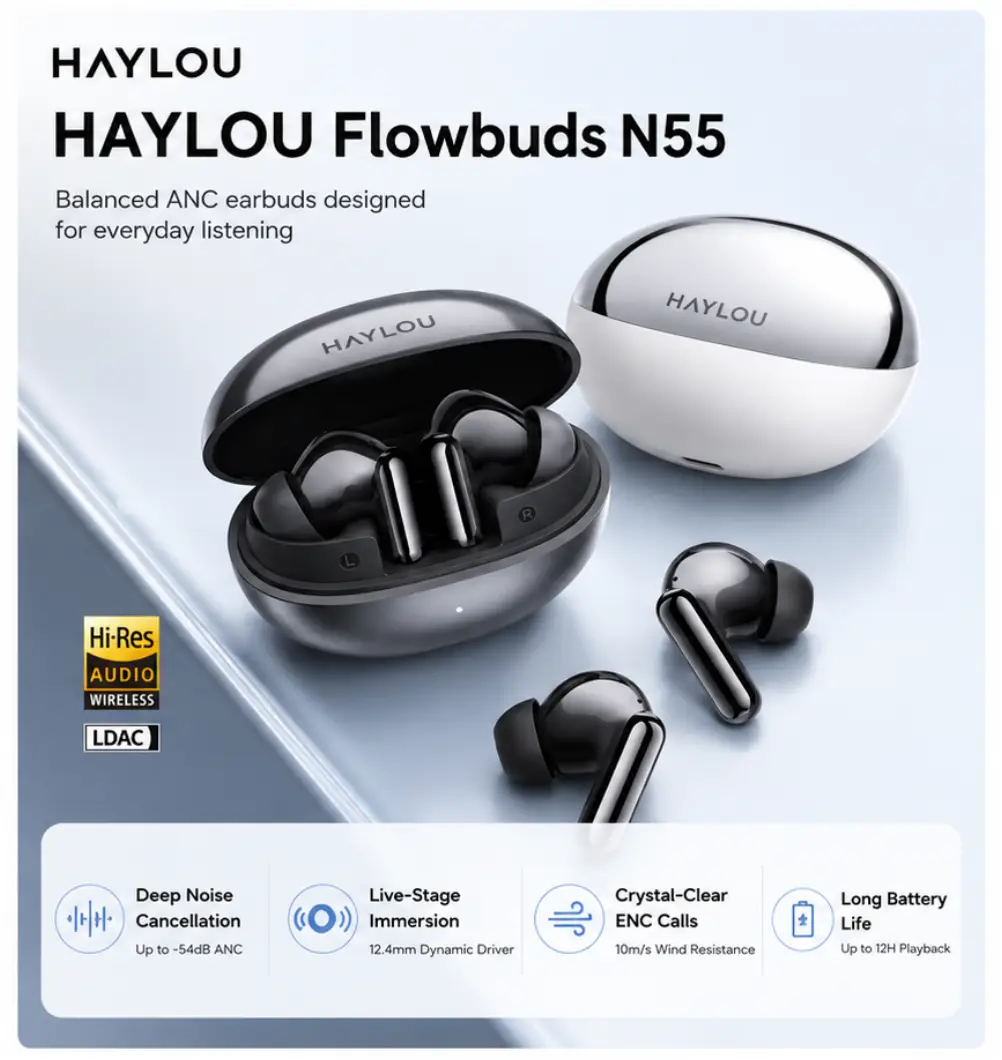 HAYLOU noise cancelling earbuds close up premium audio build
