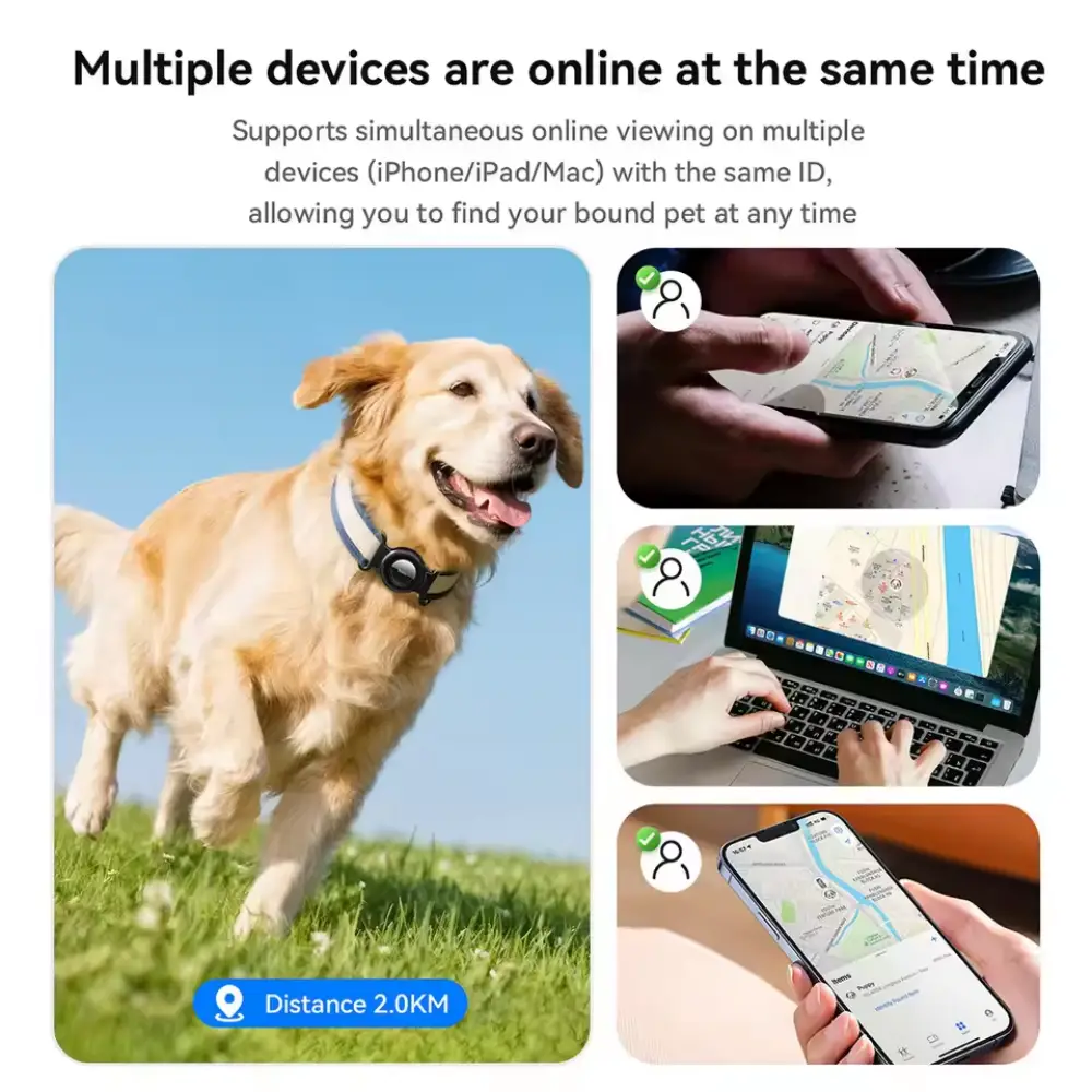 Hoco E91C smart pet tracker showing Apple Find My multi-device tracking on iPhone iPad and Mac