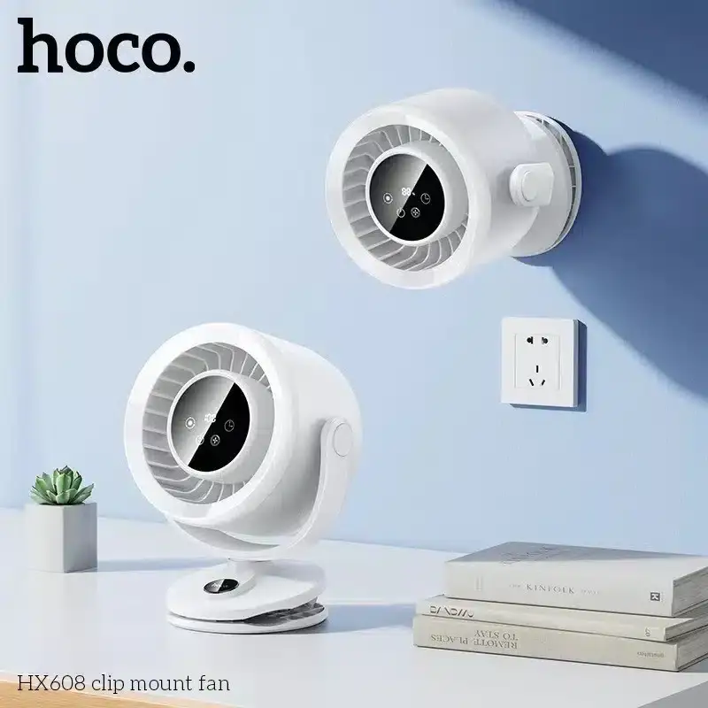 HOCO HX608 table wall mount fan in use desk cooling setup