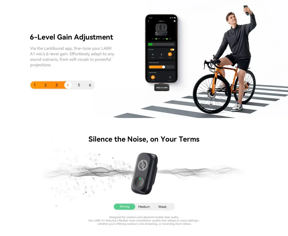 Hollyland LARK A1 wireless microphone with 6 level gain adjustment and intelligent noise cancellation