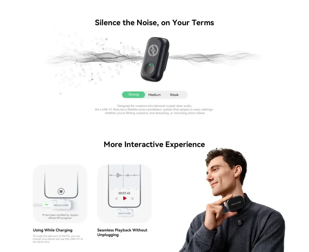 Hollyland LARK A1 wireless microphone with intelligent noise cancellation and seamless audio recording