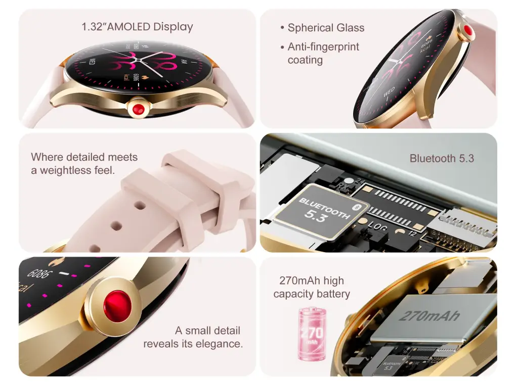 IMIKI Muse-1 AMOLED Smart Watch Key Features IMIKI Muse-1 AMOLED Smart Watch features 1.32-inch AMOLED display, Bluetooth 5.3, spherical glass, 270mAh battery, and premium design for women.