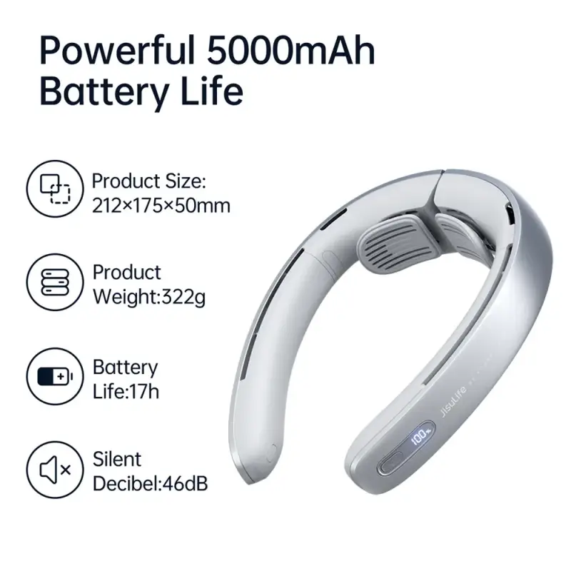 JISULIFE FA45 NeckFan Pro1 5000mAh battery with 17-hour runtime