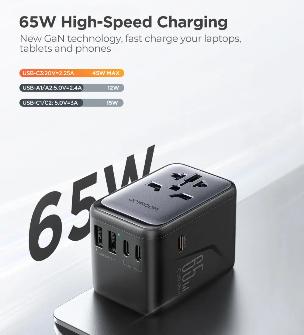 Joyroom JR-TCW02 65W universal travel adapter GaN fast charger with USB-C and USB-A ports