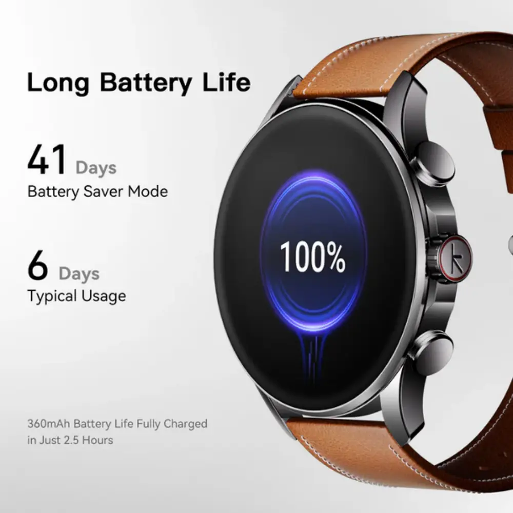 Kieslect Balancer smartwatch long battery life 41 days saver mode 6 days typical usage 360mAh fast charging