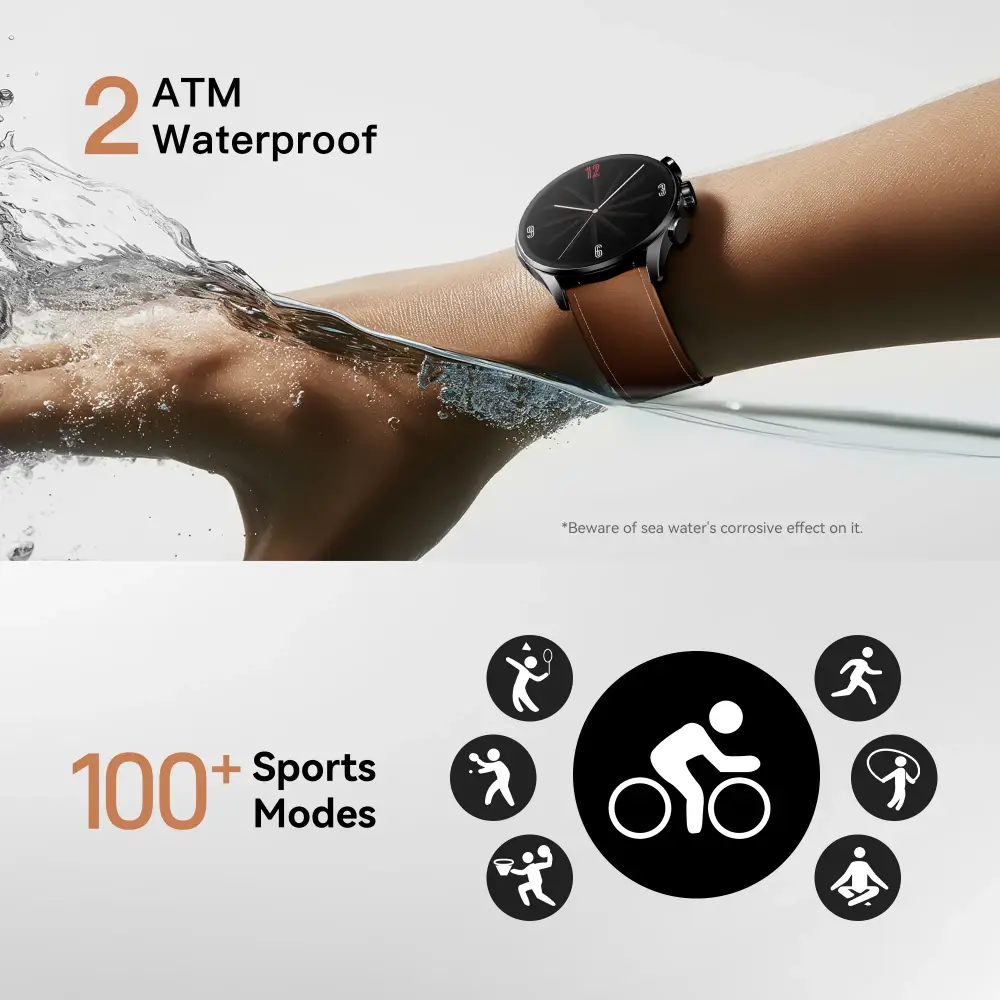 Kieslect Balancer Smartwatch showing 2 ATM waterproof rating and 100 plus sports modes icons