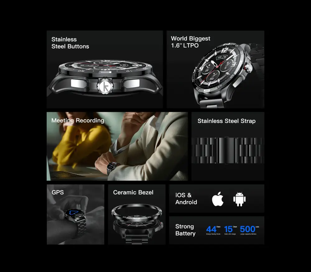 Kieslect Smartwatch with Stainless Steel Design LTPO Display GPS Ceramic Bezel Strong Battery iOS Android Compatible