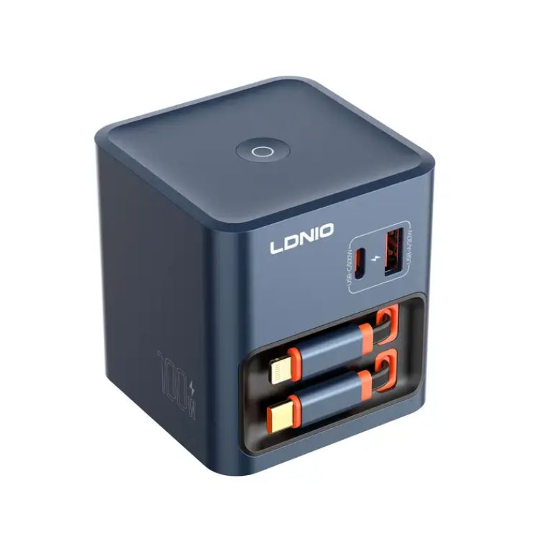 LDNIO Q16 100W GaN Desktop Charger 4-Port with USB-C Retractable Cable