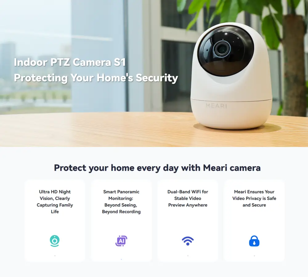 Meari S1 3MP indoor PTZ smart WiFi camera with night vision, AI monitoring and dual-band WiFi