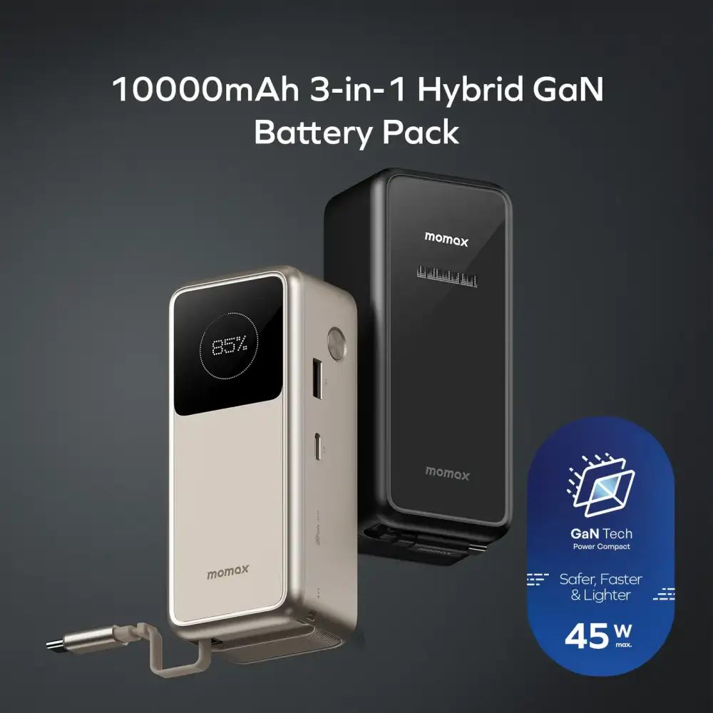 Momax 1-Pac Plus 10000mAh hybrid GaN battery pack charging smartphone tablet earbuds