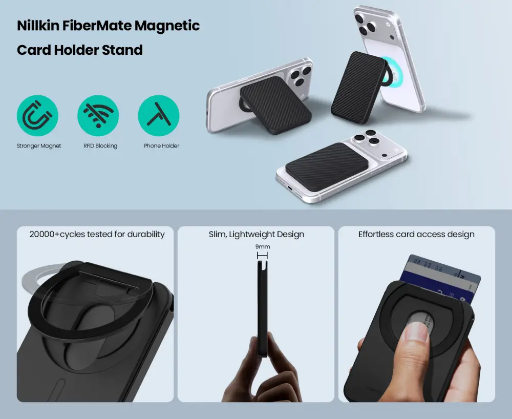Nillkin FiberMate MagSafe Card Holder Wallet Stand Features Nillkin FiberMate MagSafe Card Holder Wallet Stand with RFID protection and magnetic phone stand