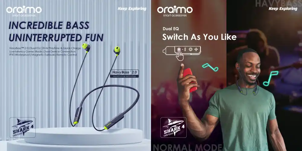oraimo Shark 4 Dual EQ 20-hr Playtime IPX5 Waterproof Neckband Wireless Earphone