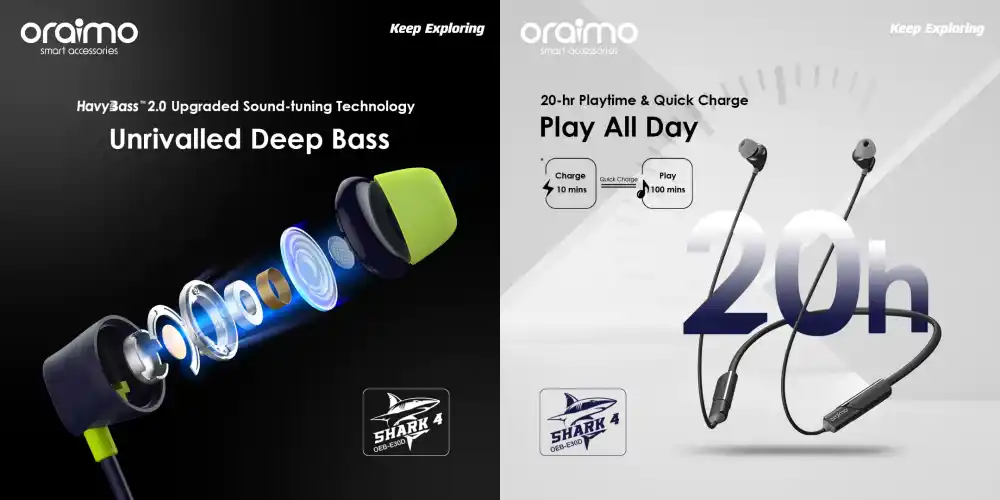 oraimo Shark 4 Dual EQ 20-hr Playtime IPX5 Waterproof Neckband Wireless Earphone