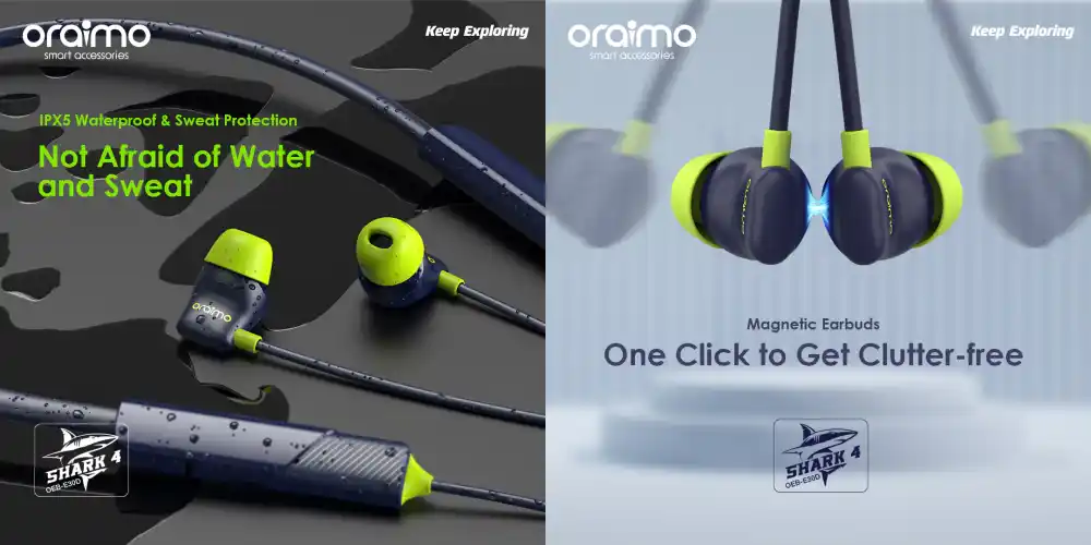 oraimo Shark 4 Dual EQ 20-hr Playtime IPX5 Waterproof Neckband Wireless Earphone