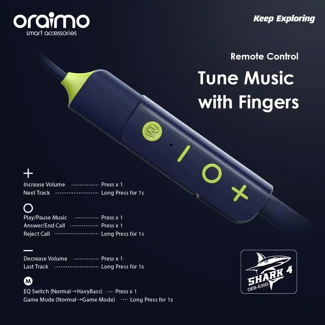 oraimo Shark 4 Dual EQ 20-hr Playtime IPX5 Waterproof Neckband Wireless Earphone