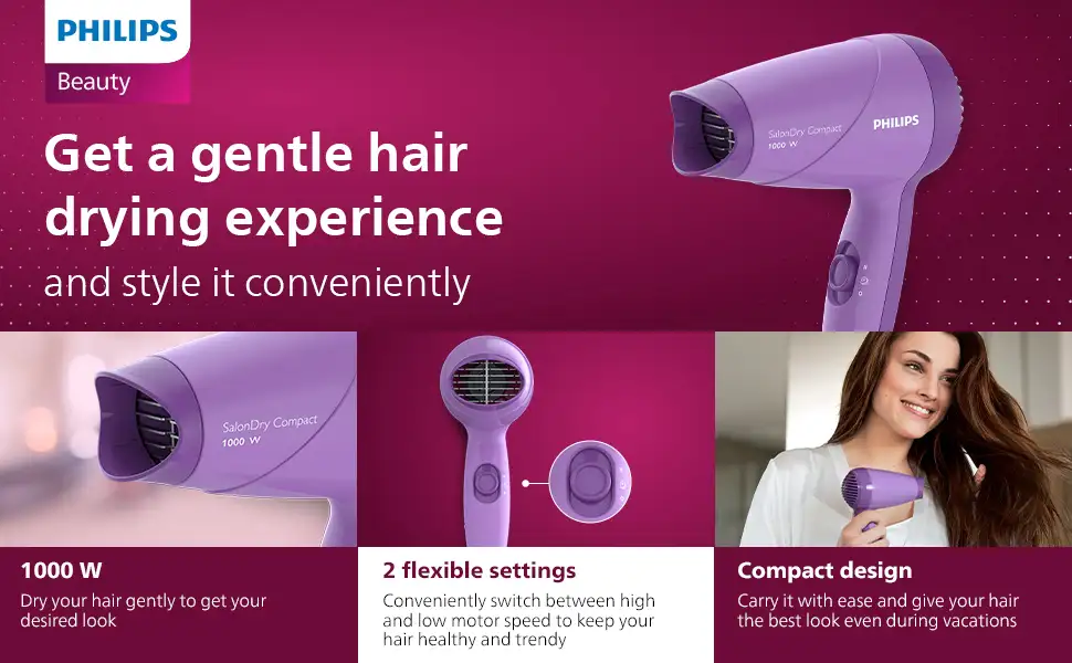 Philips HP8100/46 1000W Hair Dryer Features and Compact Design