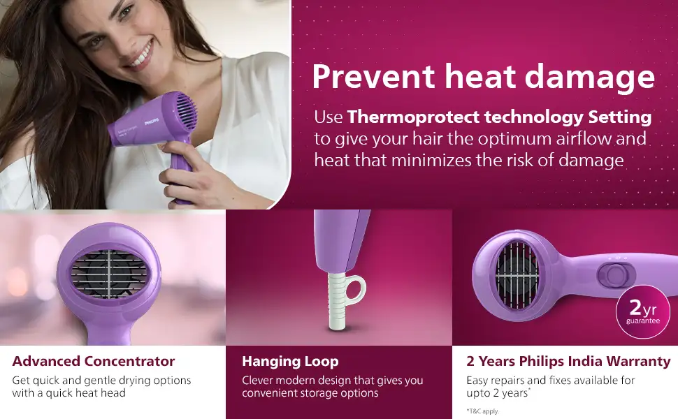 Philips HP8100/46 Hair Dryer with ThermoProtect Technology and Hanging Loop