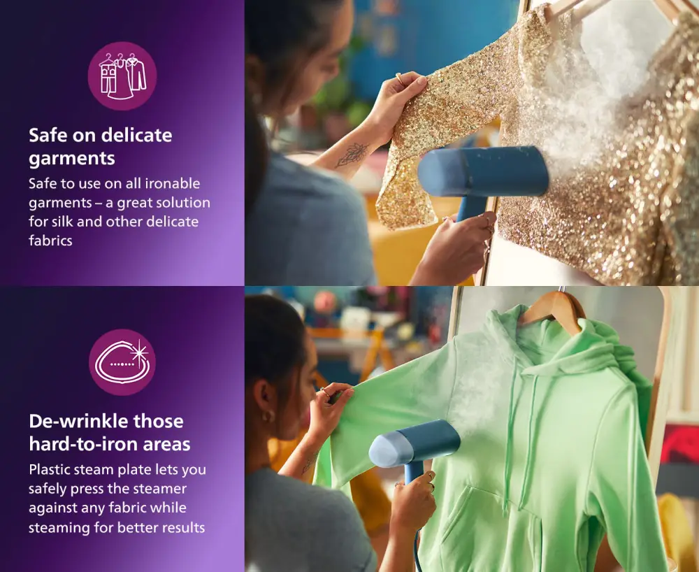 Philips STH3000 Garment Steamer - Delicate Fabric Steaming Philips Series 3000 STH3000 handheld garment steamer refreshing a delicate top and steaming a hoodie sleeve