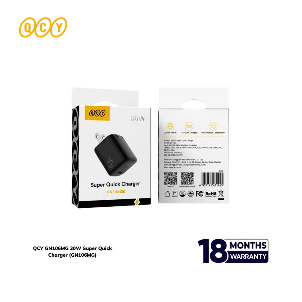 QCY GN106MG 30W super quick charger front view usb c fast charger