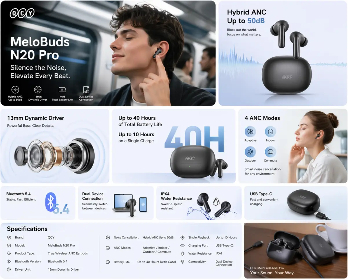 QCY MeloBuds N20 Pro charging case and earpieces