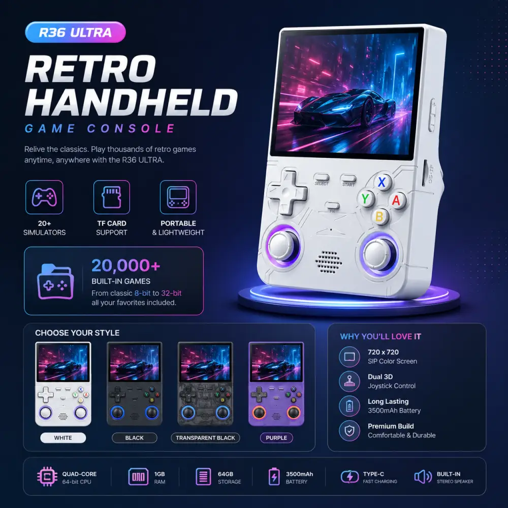 R36 ULTRA retro handheld game console modern UI design with 20000 built in games portable gaming device