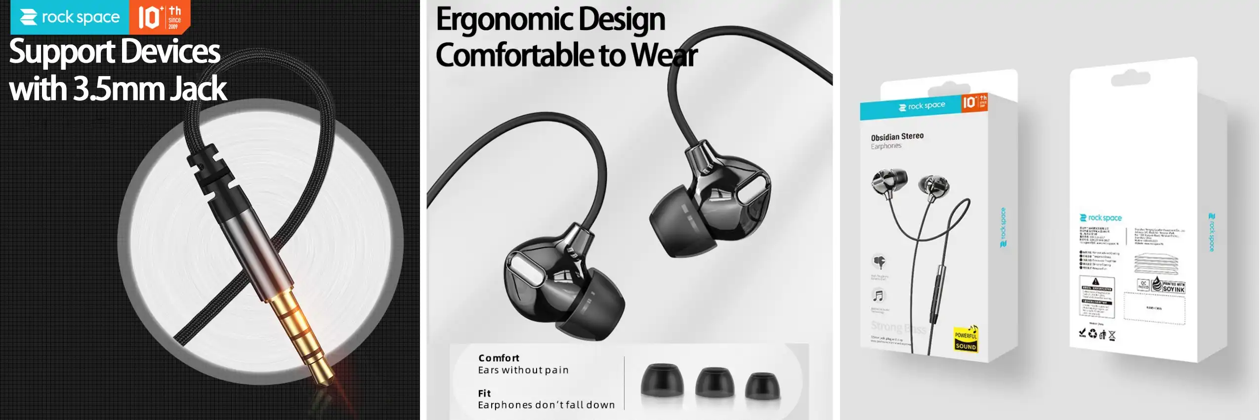 Rock Space Obsidian Stereo Earphone with Microphone 3.5mm Jack