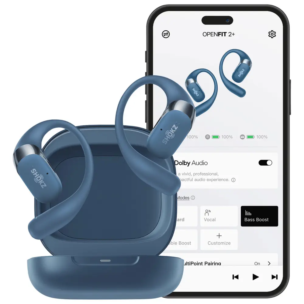 Shokz OpenFit 2 Plus open ear earbuds with Shokz app control and Dolby Audio support