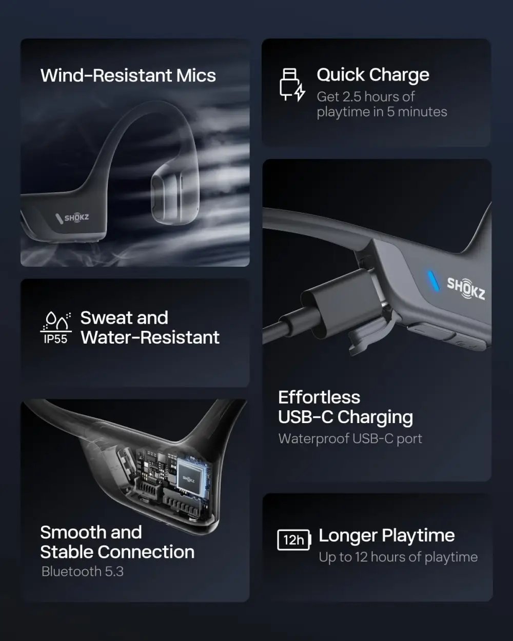 Shokz OpenFit 2 Plus open ear wireless earbuds features including wind resistant microphones quick charge IP55 water resistance and long battery life