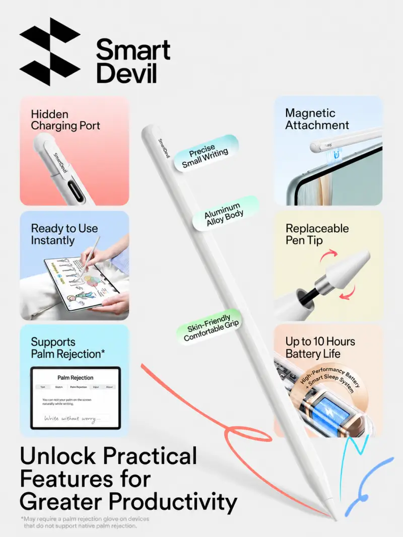 SmartDevil Stylus Pen for Honor Pad 9 Key Features SmartDevil Stylus Pen for Honor Pad 9 featuring palm rejection, magnetic attachment, replaceable pen tip and USB-C charging