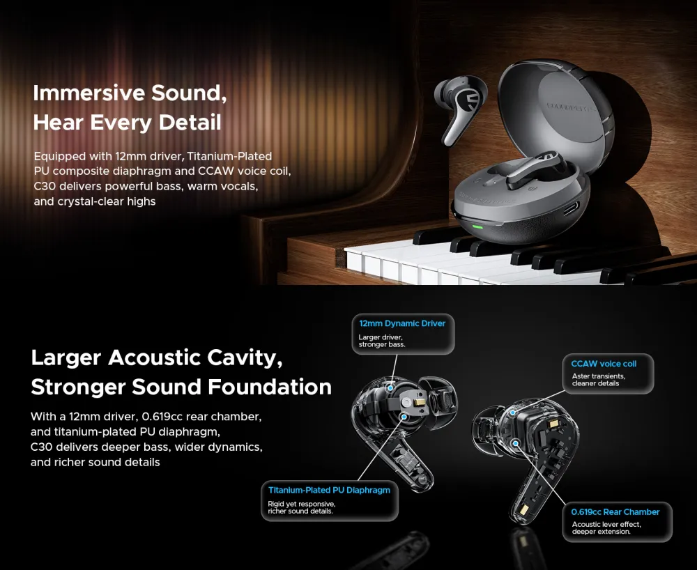SOUNDPEATS C30 Hybrid ANC Wireless Earbuds with LDAC and Hi-Res Audio
