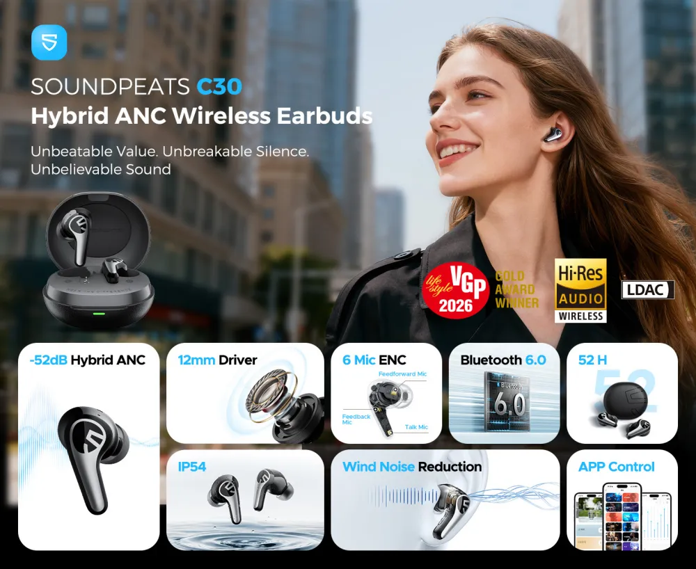 SOUNDPEATS C30 Hybrid ANC Wireless Earbuds with LDAC and Hi-Res Audio