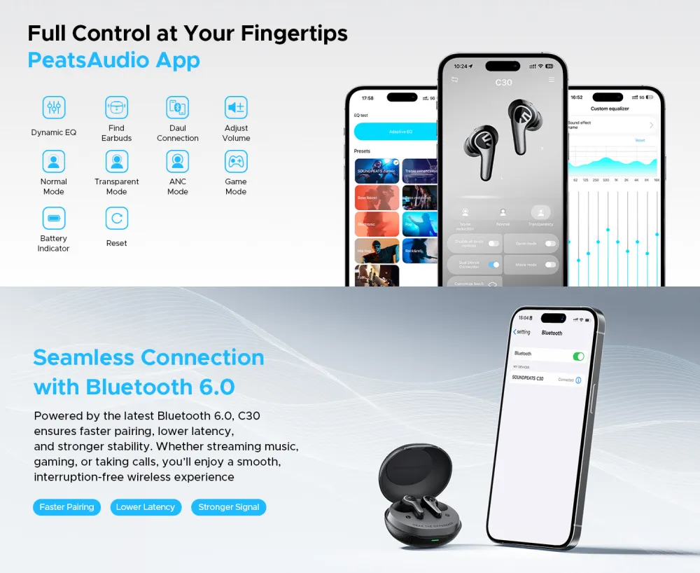 SOUNDPEATS C30 Hybrid ANC Wireless Earbuds with PeatsAudio App Control and Bluetooth 6.0