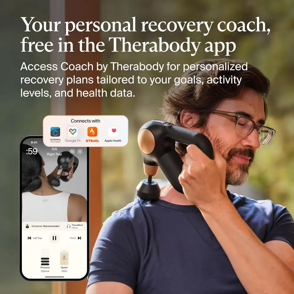 TheraGun Sense 2nd Generation connected to the Therabody app, providing personalized recovery plans, guided massage routines, muscle recovery, and stress relief