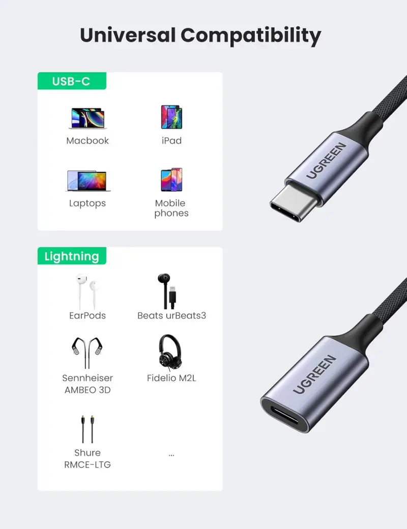 UGREEN 70953 USB C to Lightning audio adapter compatibility with MacBook iPad smartphones and Lightning earphones