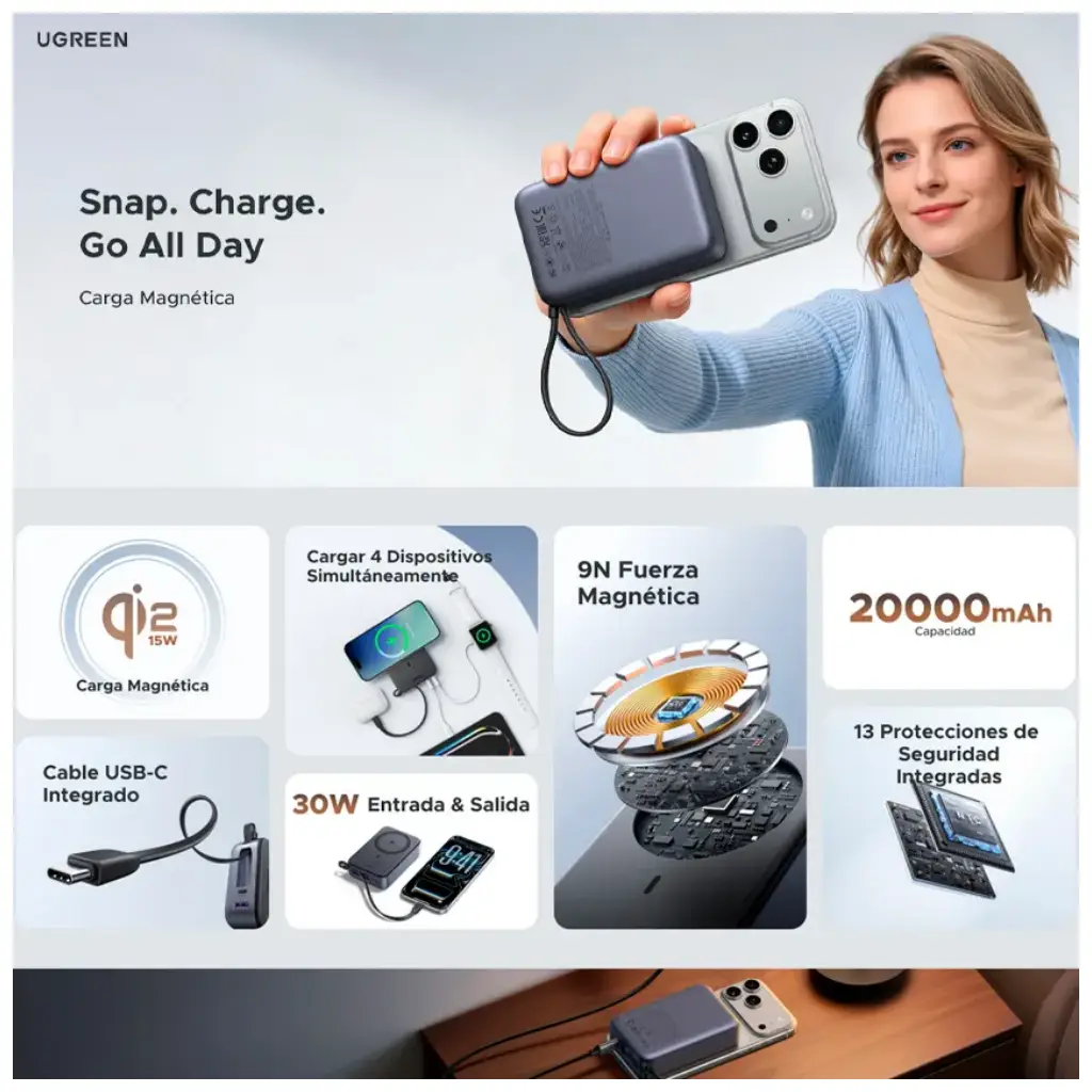 UGREEN PB567 Qi2 20000mAh magnetic wireless power bank with USB-C cable and fast charging