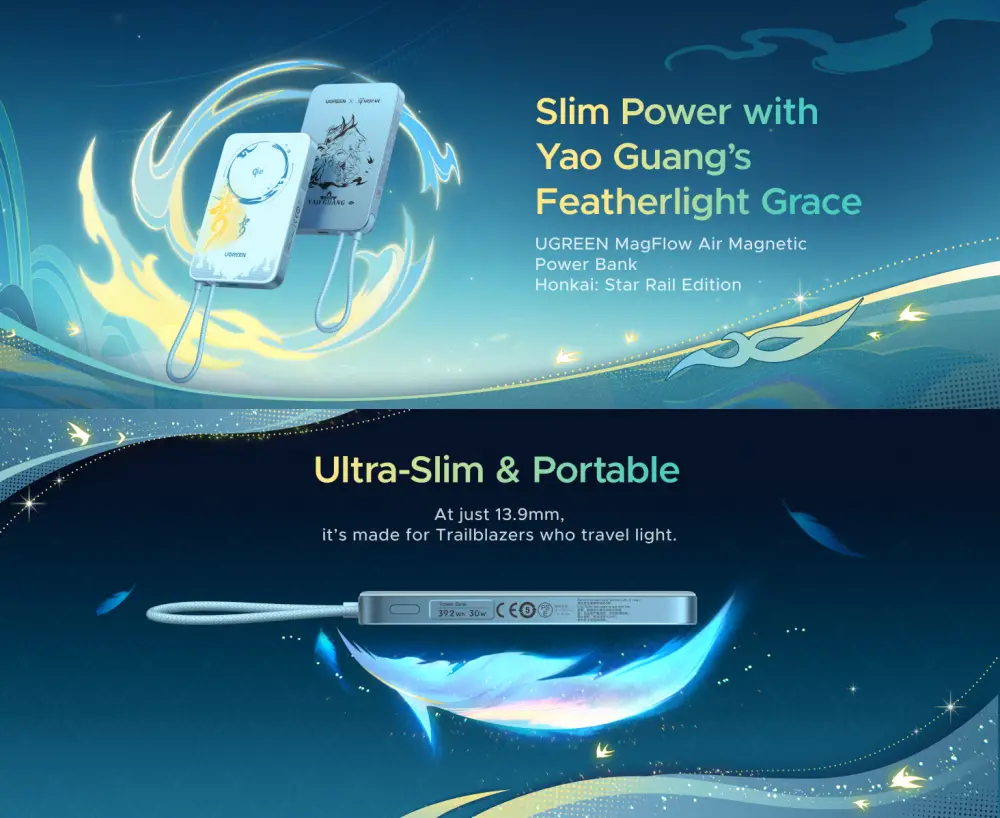 UGREEN x Honkai Star Rail MagFlow Air Power Bank PB570 Yao Guang Edition featuring ultra-slim 13.9mm design
