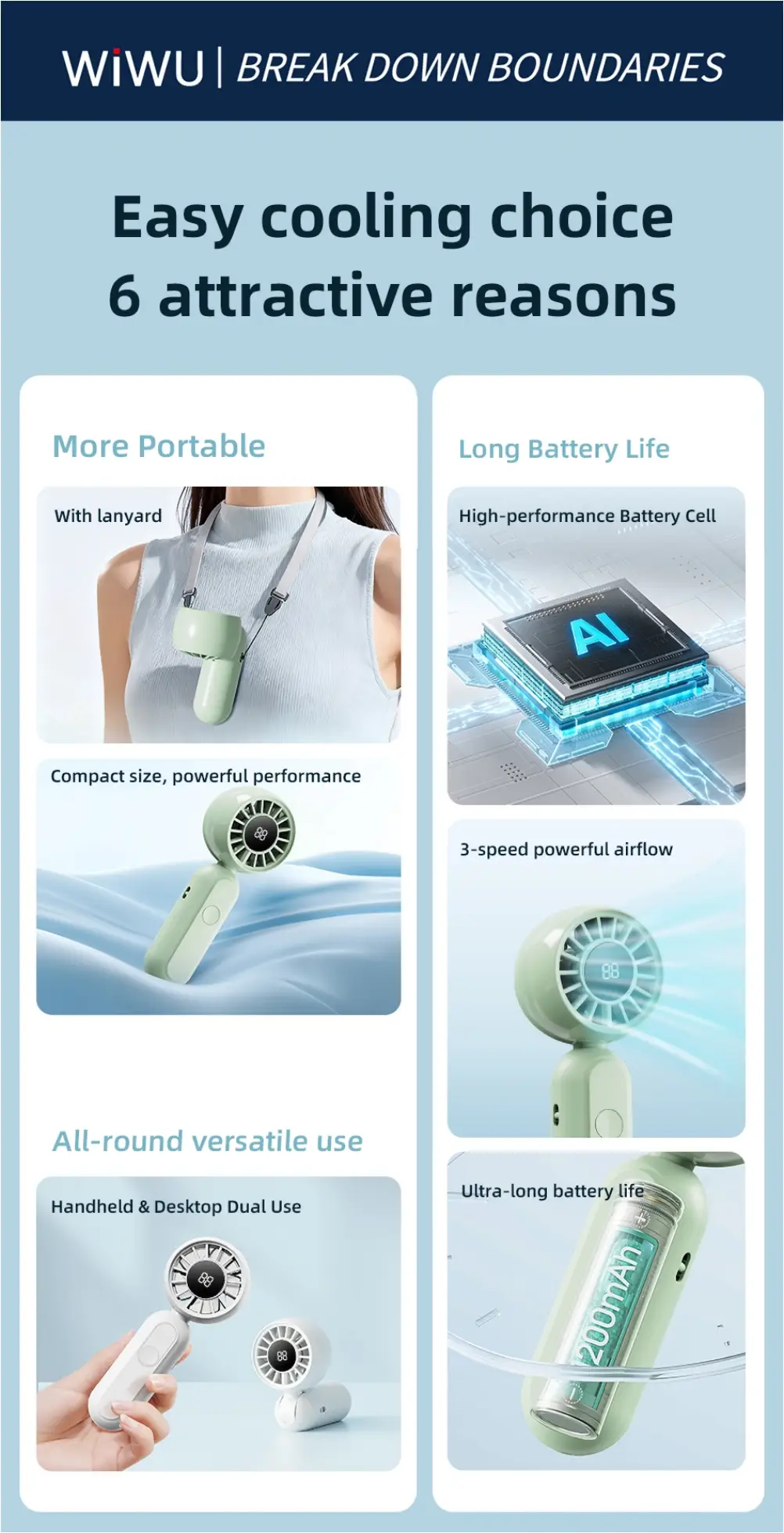 WiWU mini rechargeable handheld fan for travel and desk use