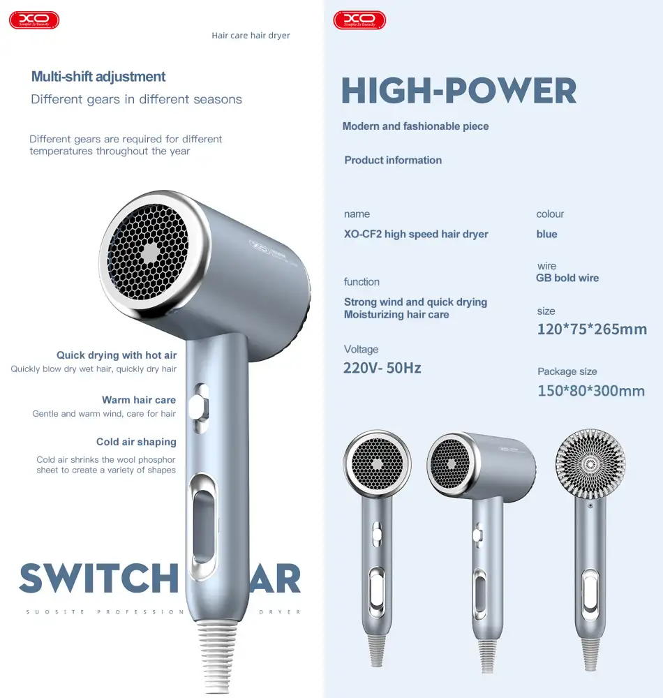 XO CF2 1600W handheld hair dryer features and specifications high power with temperature control infographic