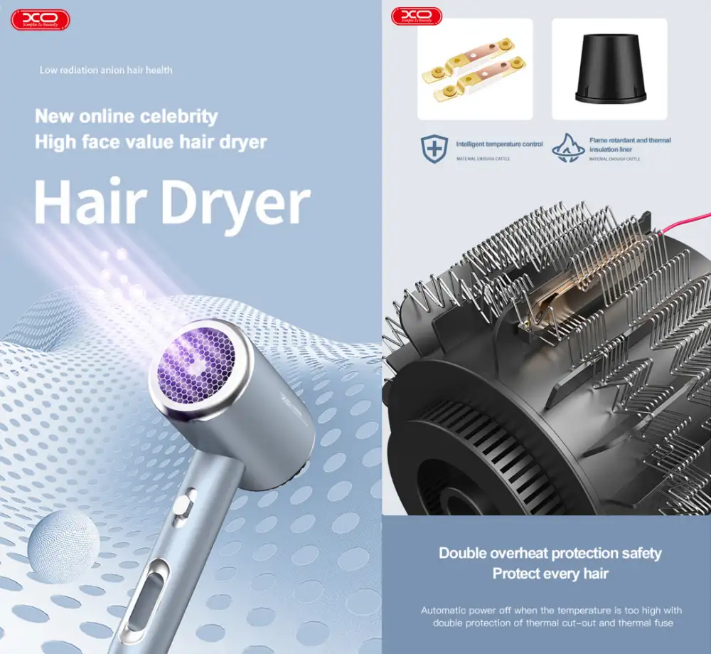 XO CF2 1600W hair dryer with overheat protection safety anion technology and temperature control for safe fast drying