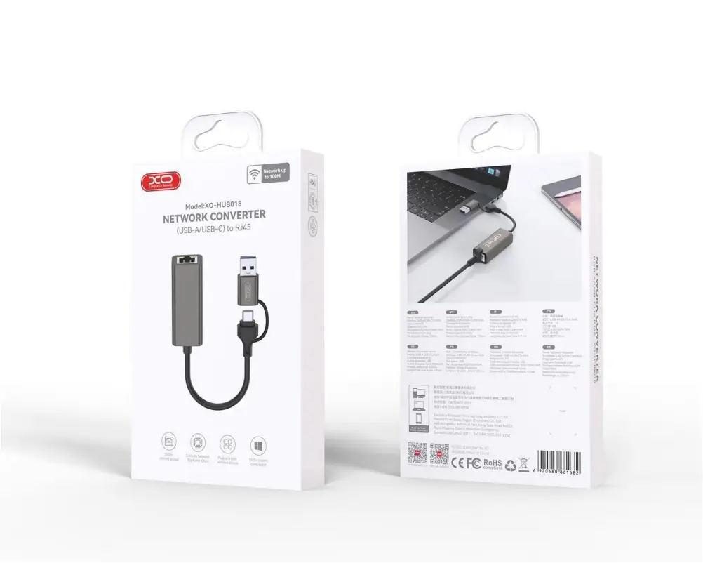 XO HUB018 USB to LAN adapter compact design for laptop connection