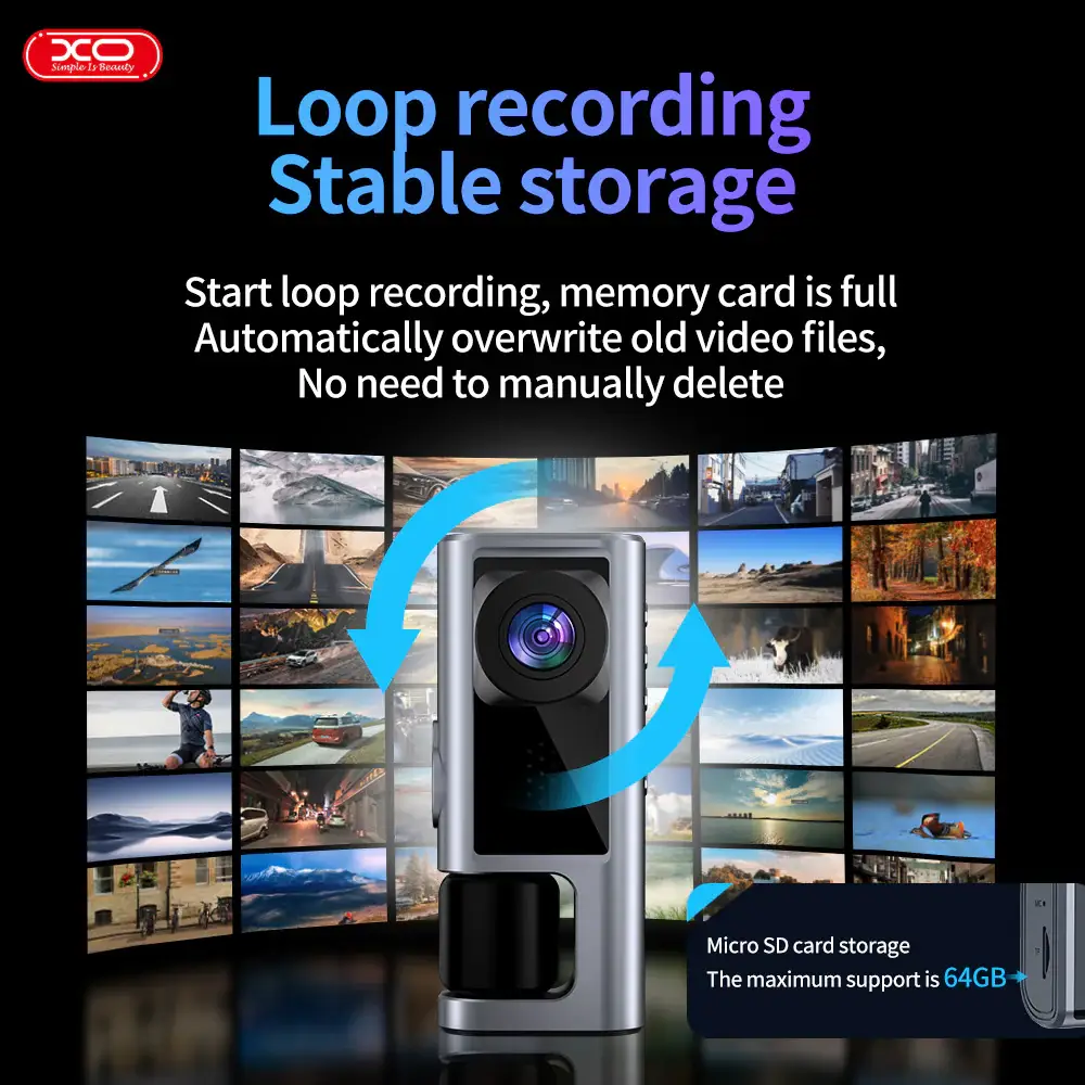 XO XJ03 1080p HD dashboard camera display screen and controls