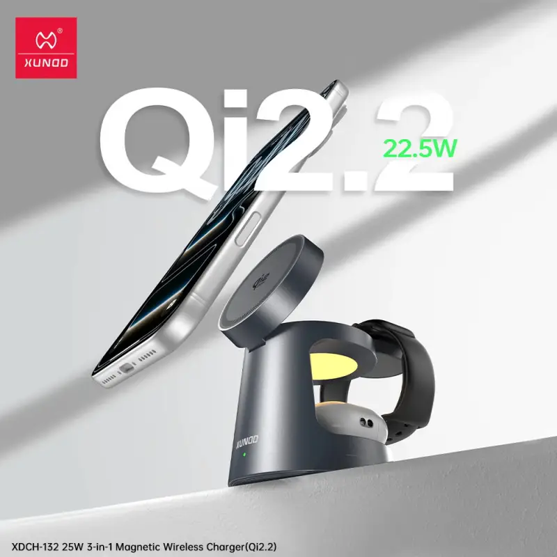 XUNDD XDCH-132 25W Qi2.2 magnetic wireless charger with phone and smartwatch