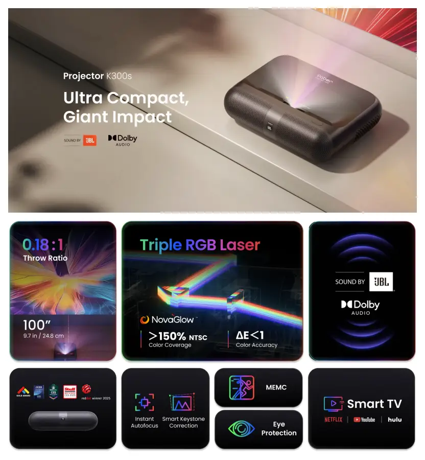 Yaber K300s Triple RGB Laser projector features 0.18:1 ultra short throw, 150% NTSC color coverage, JBL and Dolby Audio, autofocus, keystone correction, MEMC, and Smart TV apps